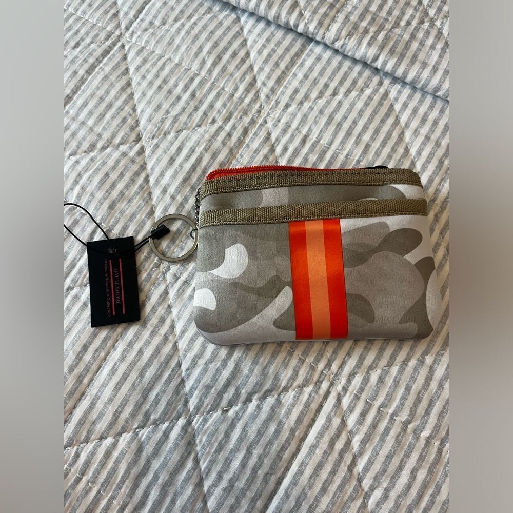 NWT Haute Shore neoprene zippered pouch wristlet in gray camo and bright orange